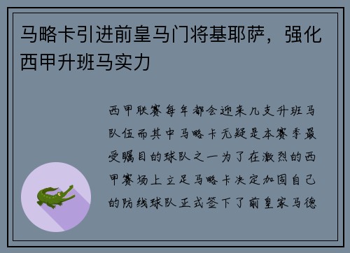 马略卡引进前皇马门将基耶萨，强化西甲升班马实力